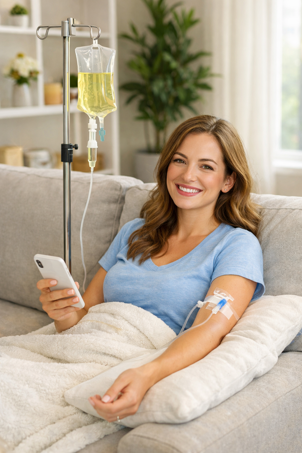 Woman relaxing on a sofa while receiving IV hydration therapy and using her smartphone at home.